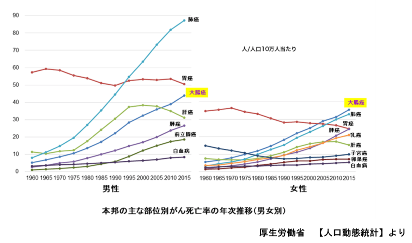 『人口動態統計』での『部位別がんの死亡率』の推移