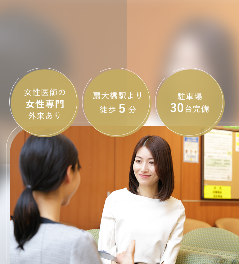 女性医師の女性専門外来あり 扇大橋駅より徒歩５分 駐車場30台完備