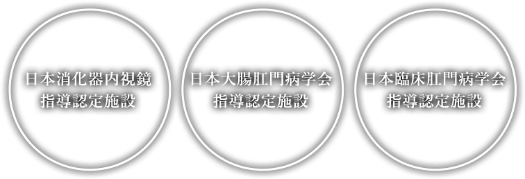 日本消化器内視鏡指導認定施設　日本大腸肛門病学会指導認定施設　日本床肛門病学会指導認定施設